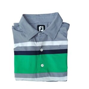 FootJoy FJ‎ Golf Polo Shirt Men's Size M Striped Green Blue White Breathable